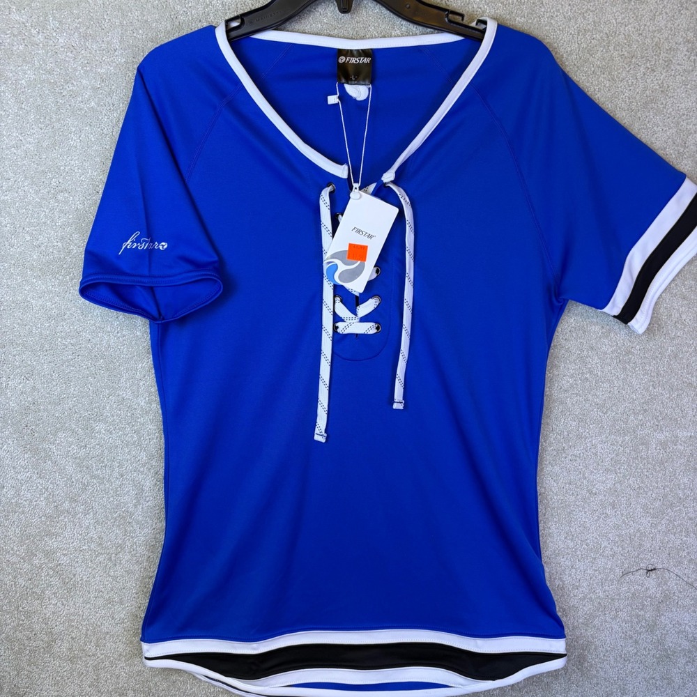 Firstar Hockey Jersey Athletic Shirt Women's Large Blue Blank Lace Up V-Neck NEW